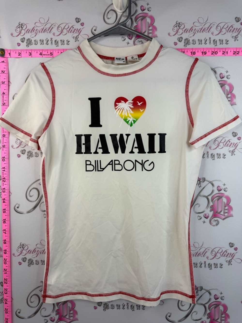 Billabong rash guard sun shirt beach "I Love Hawaii" White Tee with Red Trim